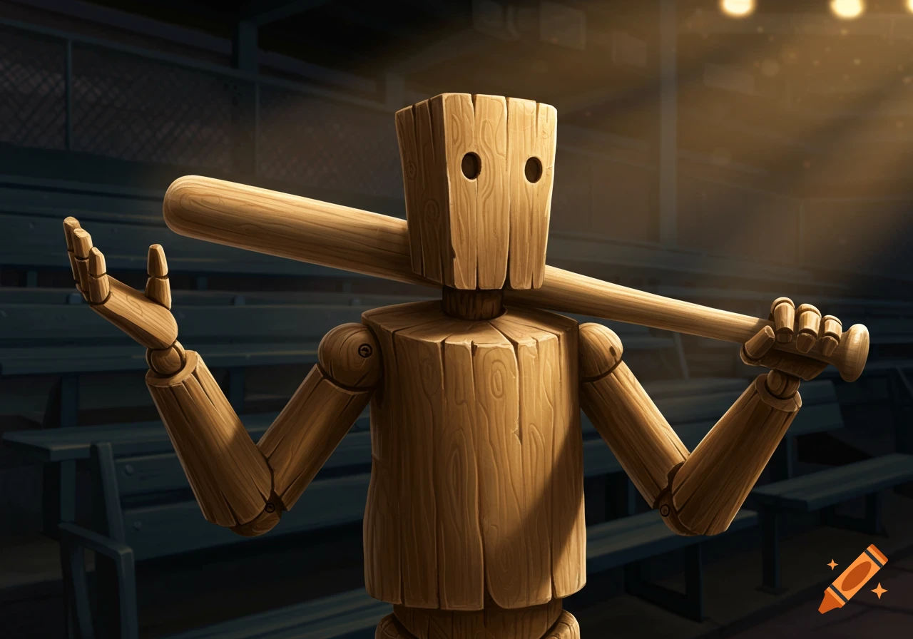 A wooden mannequin-like figure with holes for eyes holds a baseball bat over its shoulder in a dimly lit stadium with empty bleachers.