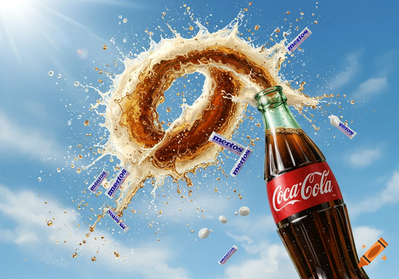 A Coca-Cola bottle explodes, creating a massive brown and white soda splash, with Mentos candies flying around against a bright blue sky.