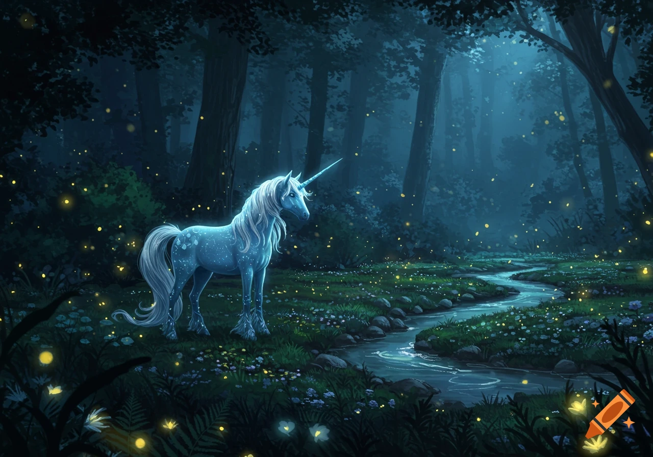 A luminous unicorn stands by a stream in a dark, magical forest lit by glowing flowers and fireflies, digital art.