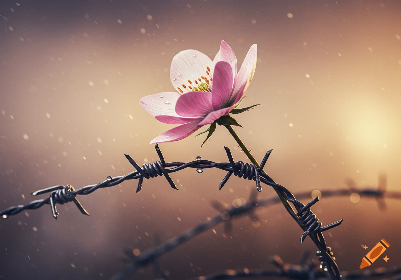 A pink flower with water droplets on its petals growing near a strand of barbed wire, against a soft, golden-hour background with falling rain.