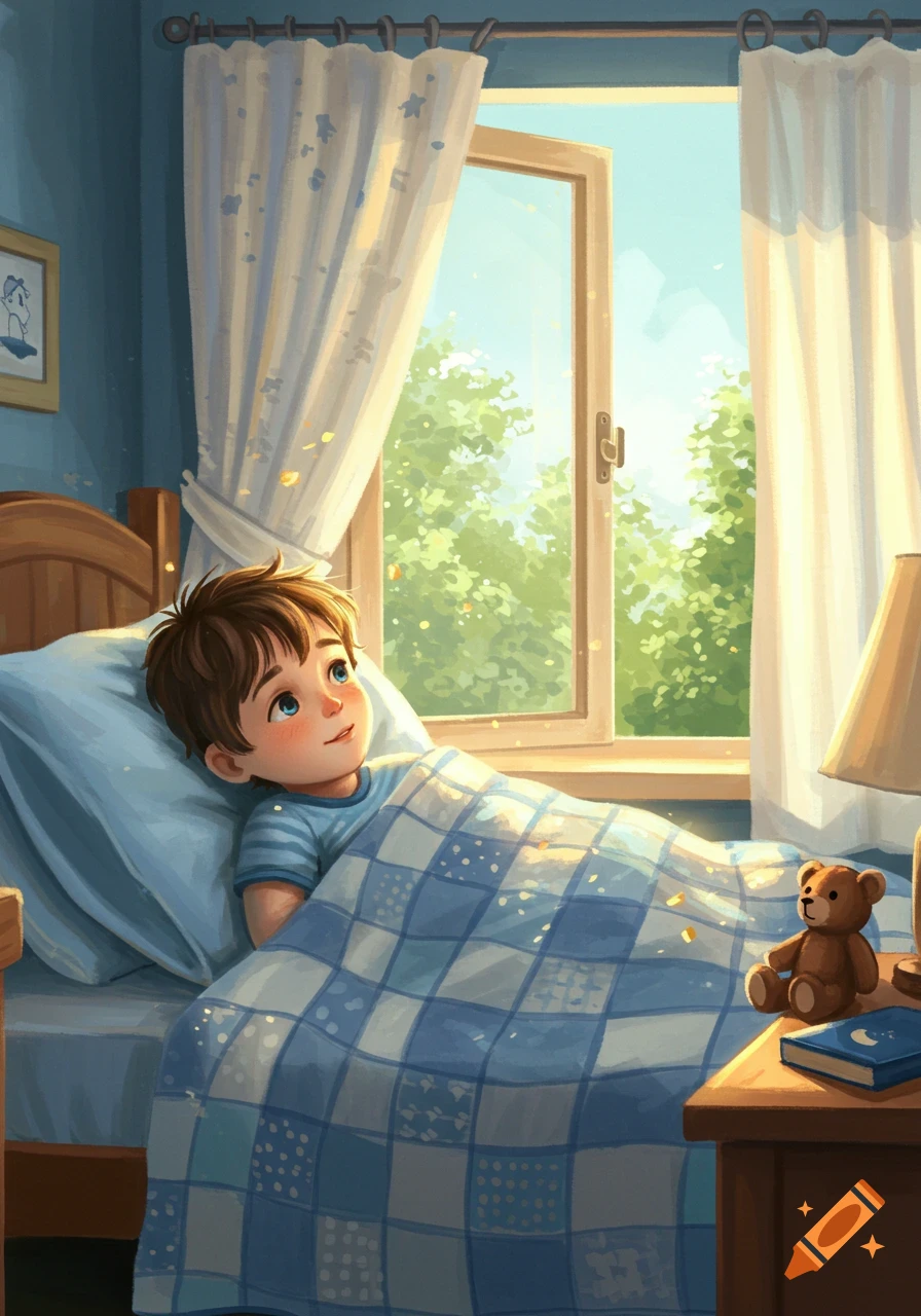 A young boy in bed looks out a sunny window in a bright cartoon illustration.