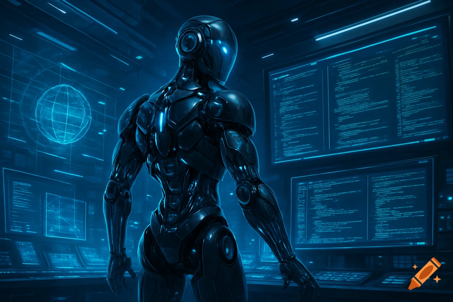A humanoid robot in a futuristic blue data center with multiple screens displaying glowing code.