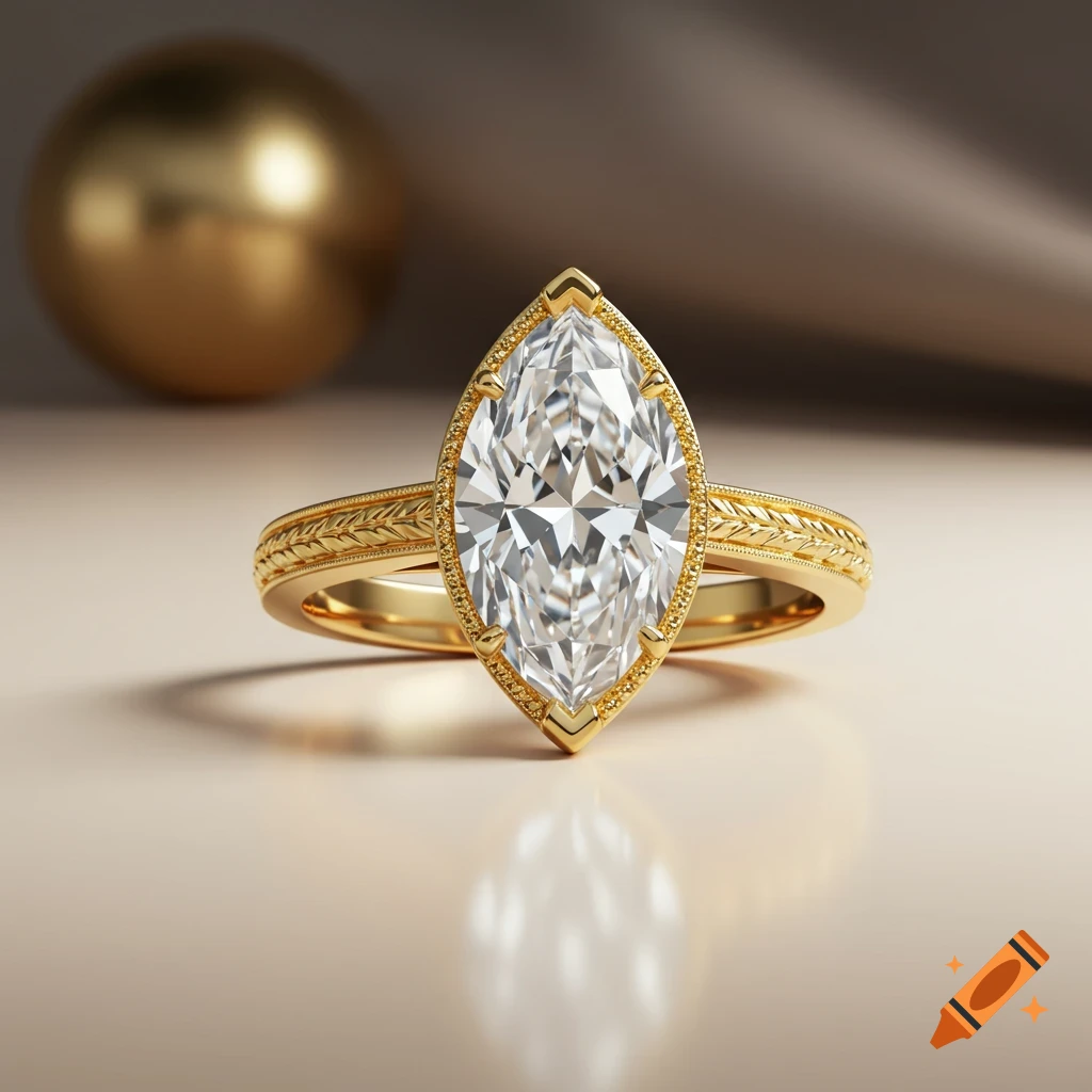 A close-up, photorealistic shot of a gold marquise diamond engagement ring with an ornate band.