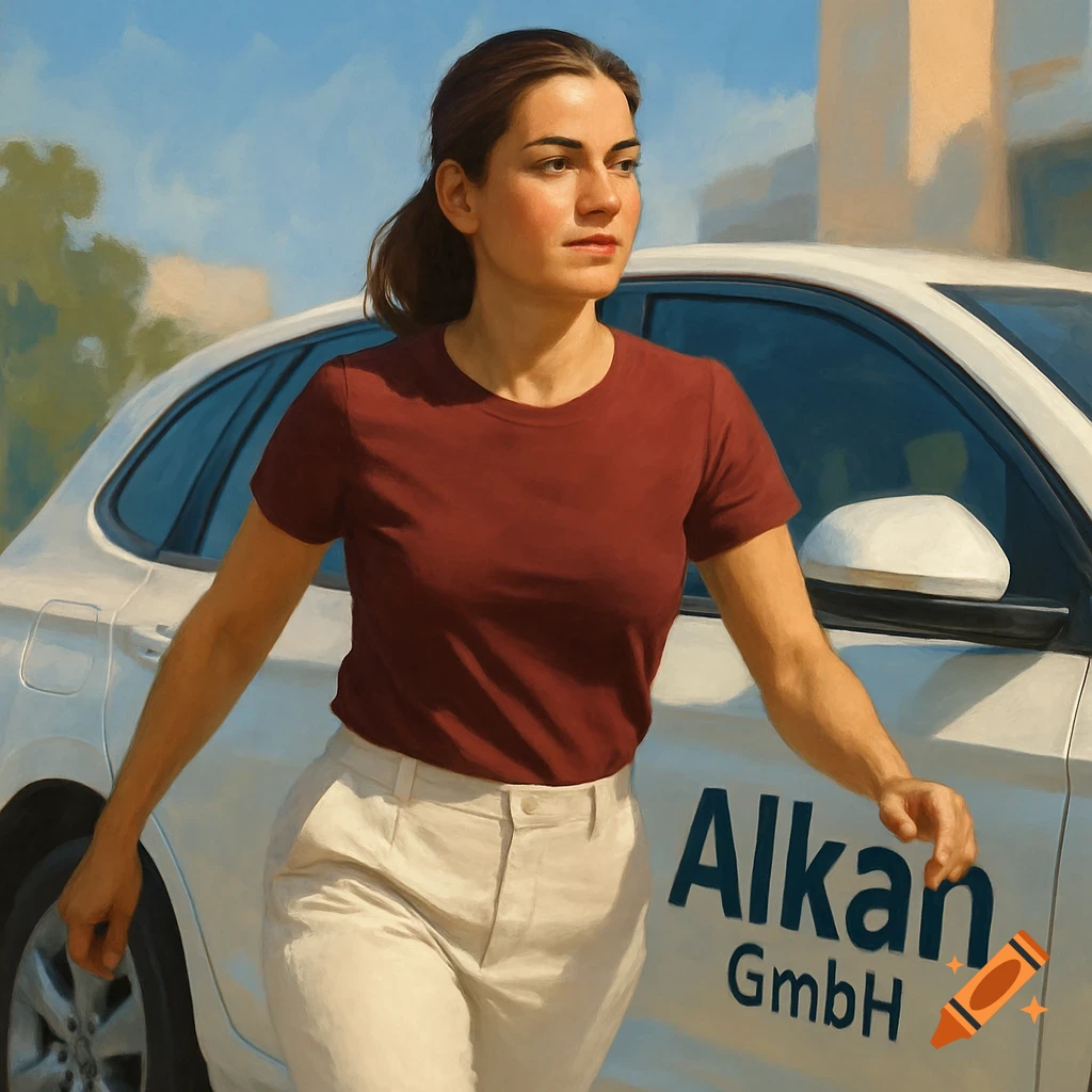 A woman in a maroon t-shirt and white pants stands next to a white car with 'Alkan GmbH' on its side, in a painting style.
