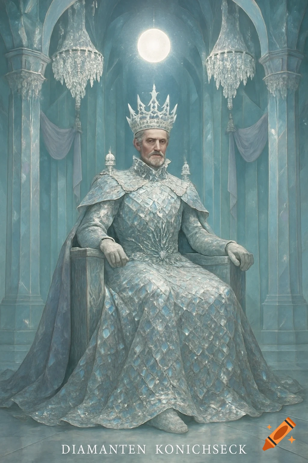 A regal king with a beard and crown, wearing a textured diamond-like suit and cape, seated on an ornate throne in a bright, icy crystal hall with chandeliers.