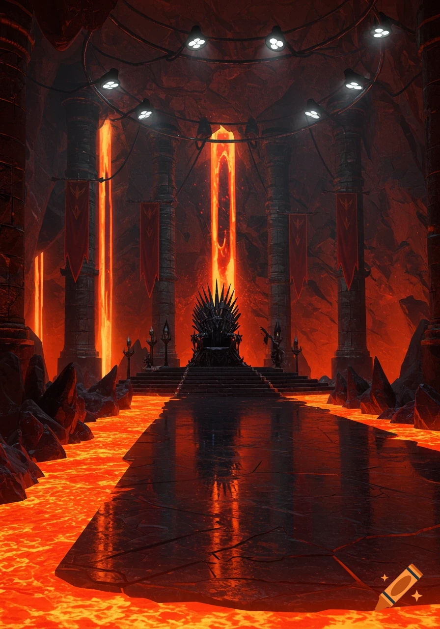 A dark, ominous throne room in a lava cave, featuring a spiky black throne, massive pillars, and glowing orange lava rivers.