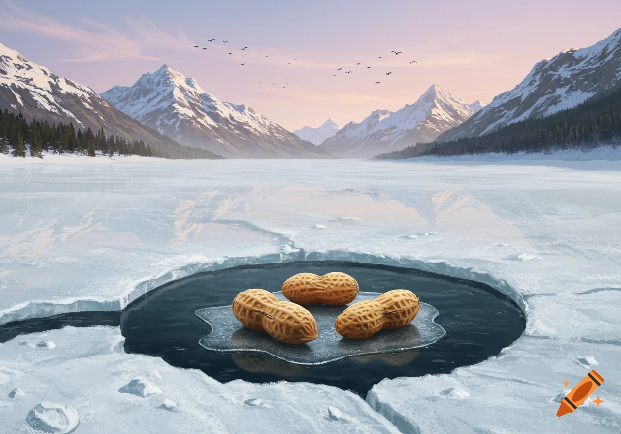 Three peanuts in a hole cut in the ice of a frozen mountain lake at sunset, digital painting.