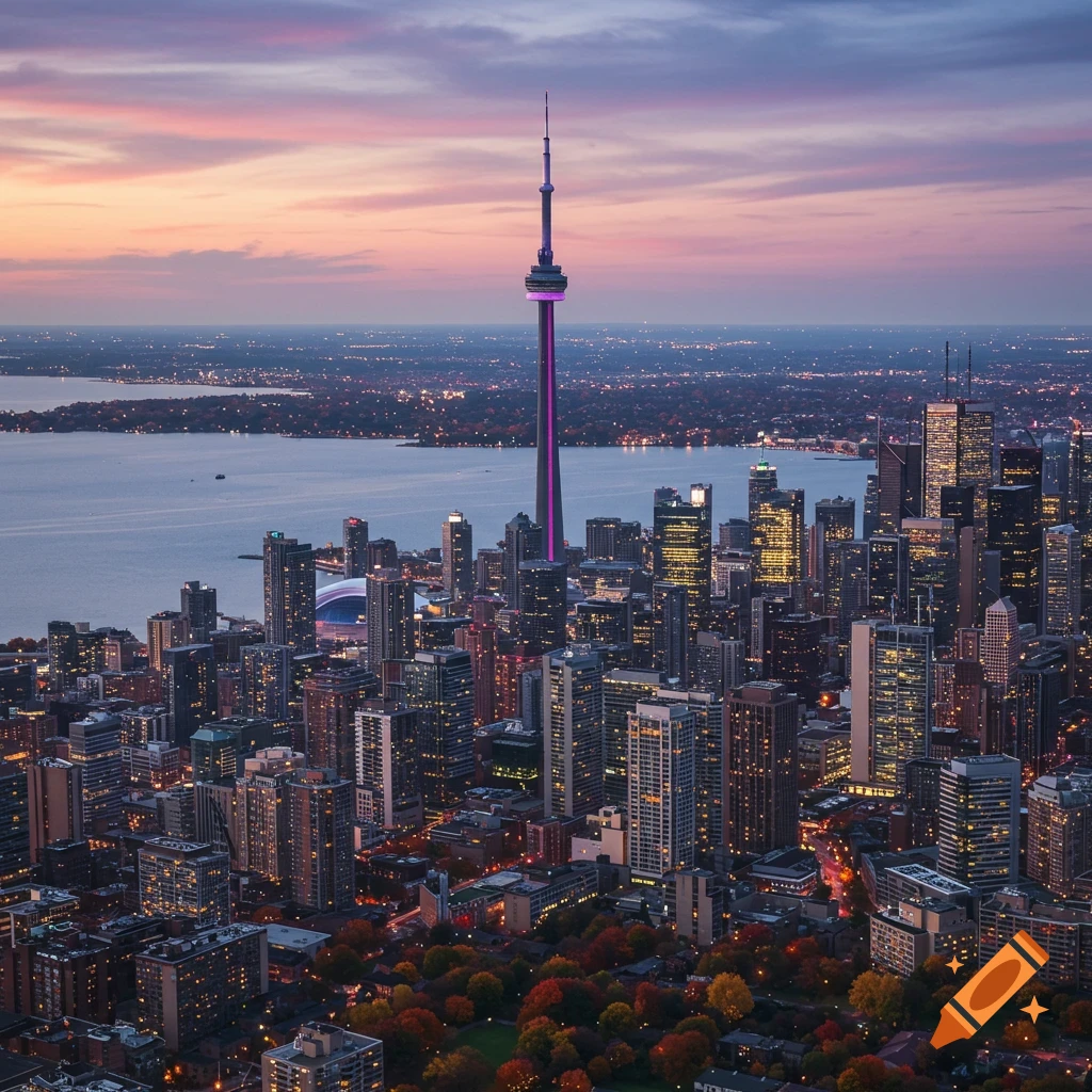 Aerial view of Toronto skyline at dusk, with the purple-lit CN Tower overlooking downtown buildings and a lake.