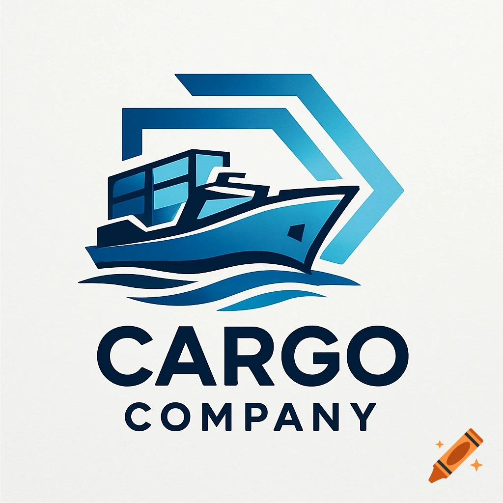 Blue logo featuring a stylized cargo ship on waves with arrows in the background and 'CARGO COMPANY' text.