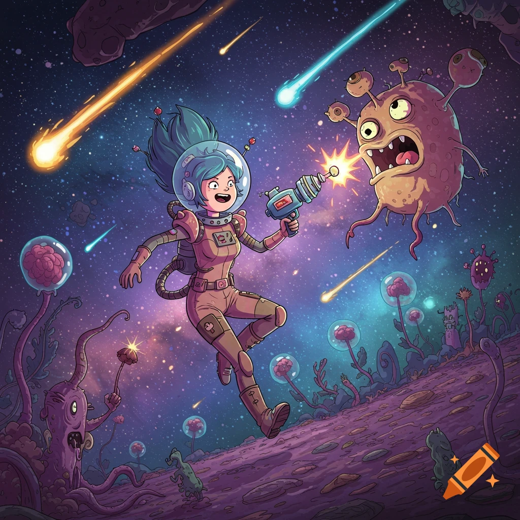 A female astronaut battles a large alien creature with a laser gun on an alien planet in a vibrant cartoon sci-fi style.