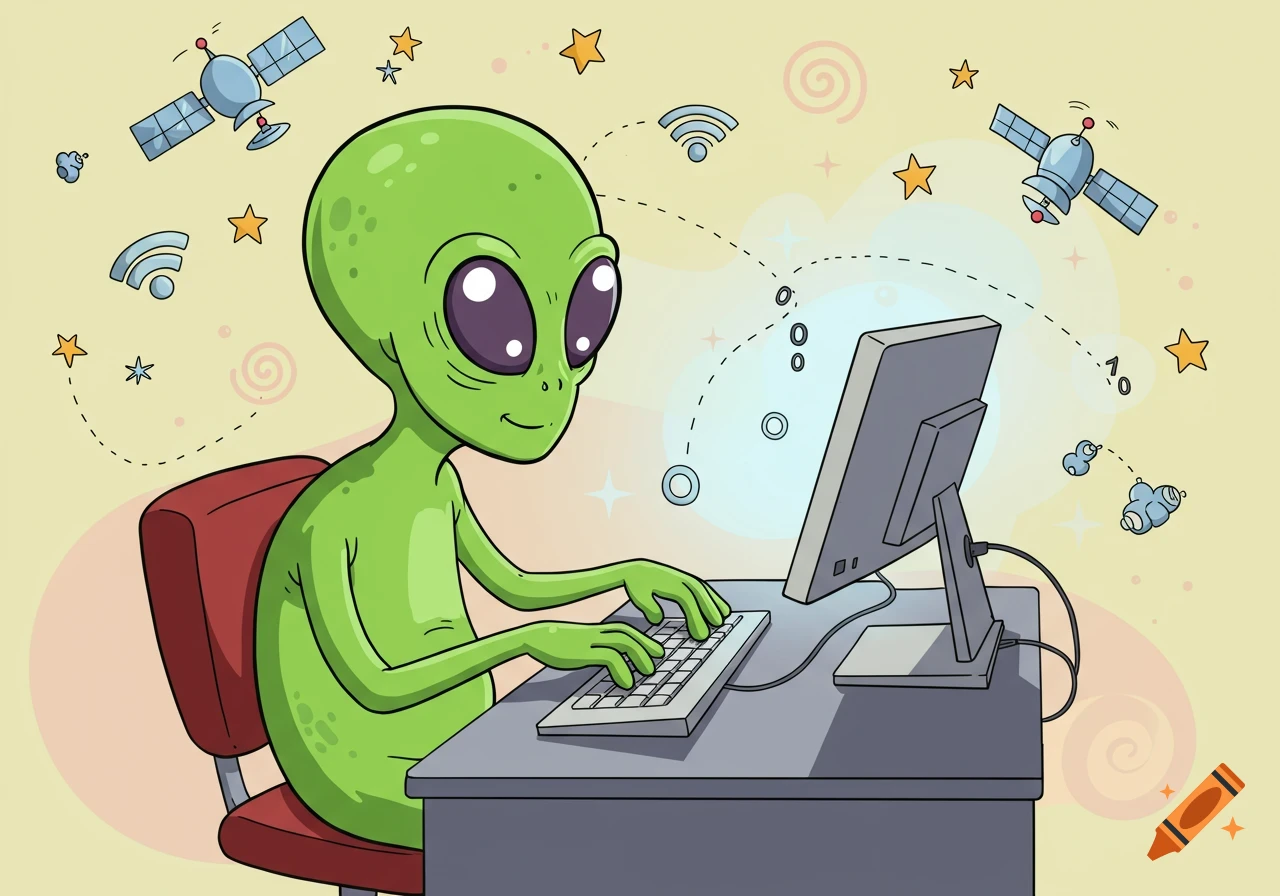 A green cartoon alien sits at a desk, typing on a computer keyboard, with satellites and Wi-Fi symbols in the background, illustrating internet connection.