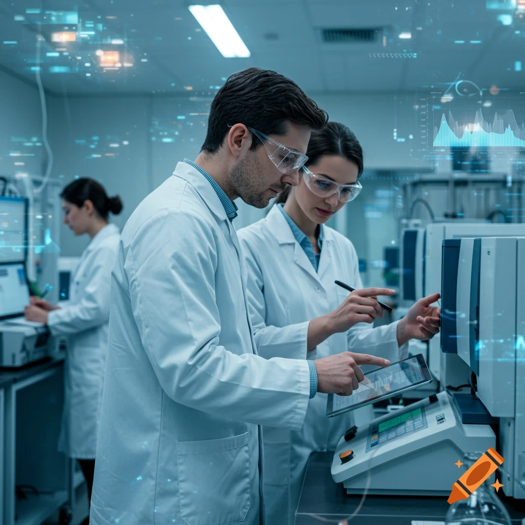 Two scientists in lab coats collaborate in a modern, blue-lit laboratory. One points at a tablet, the other at equipment.