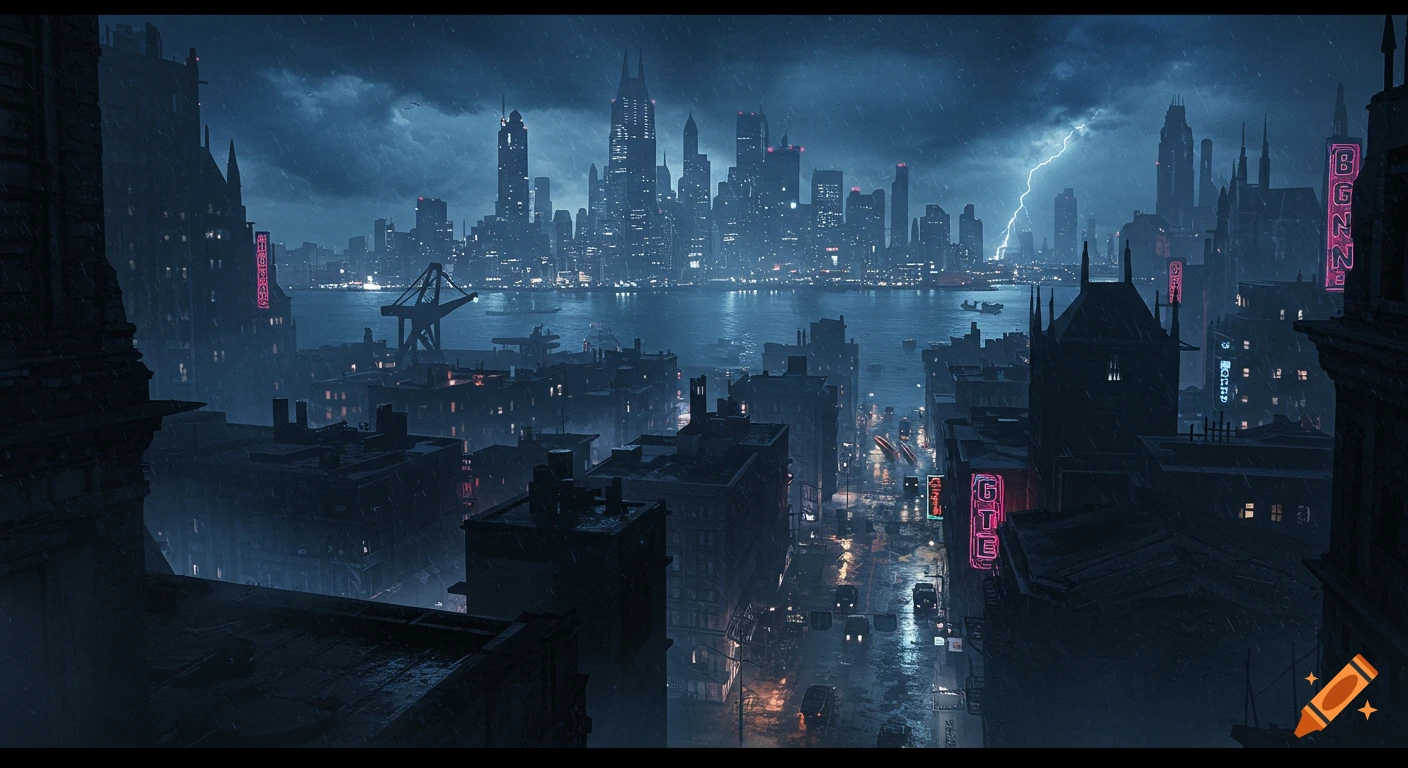 Dark, rainy futuristic cityscape with towering skyscrapers, neon signs, and a river under a stormy sky with lightning.