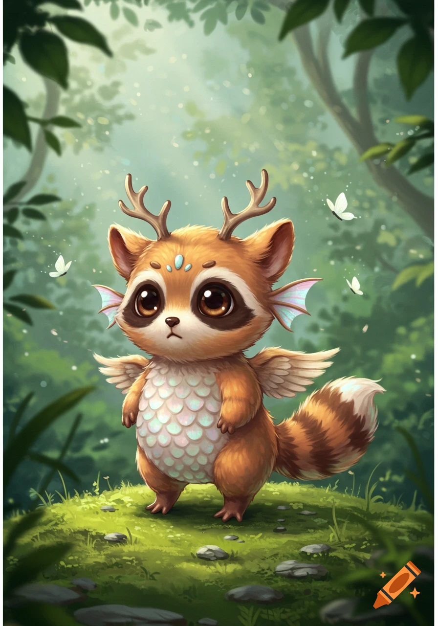 A cute cartoon fantasy animal with deer antlers, raccoon stripes, fish fins, and chicken wings stands in a lush forest.