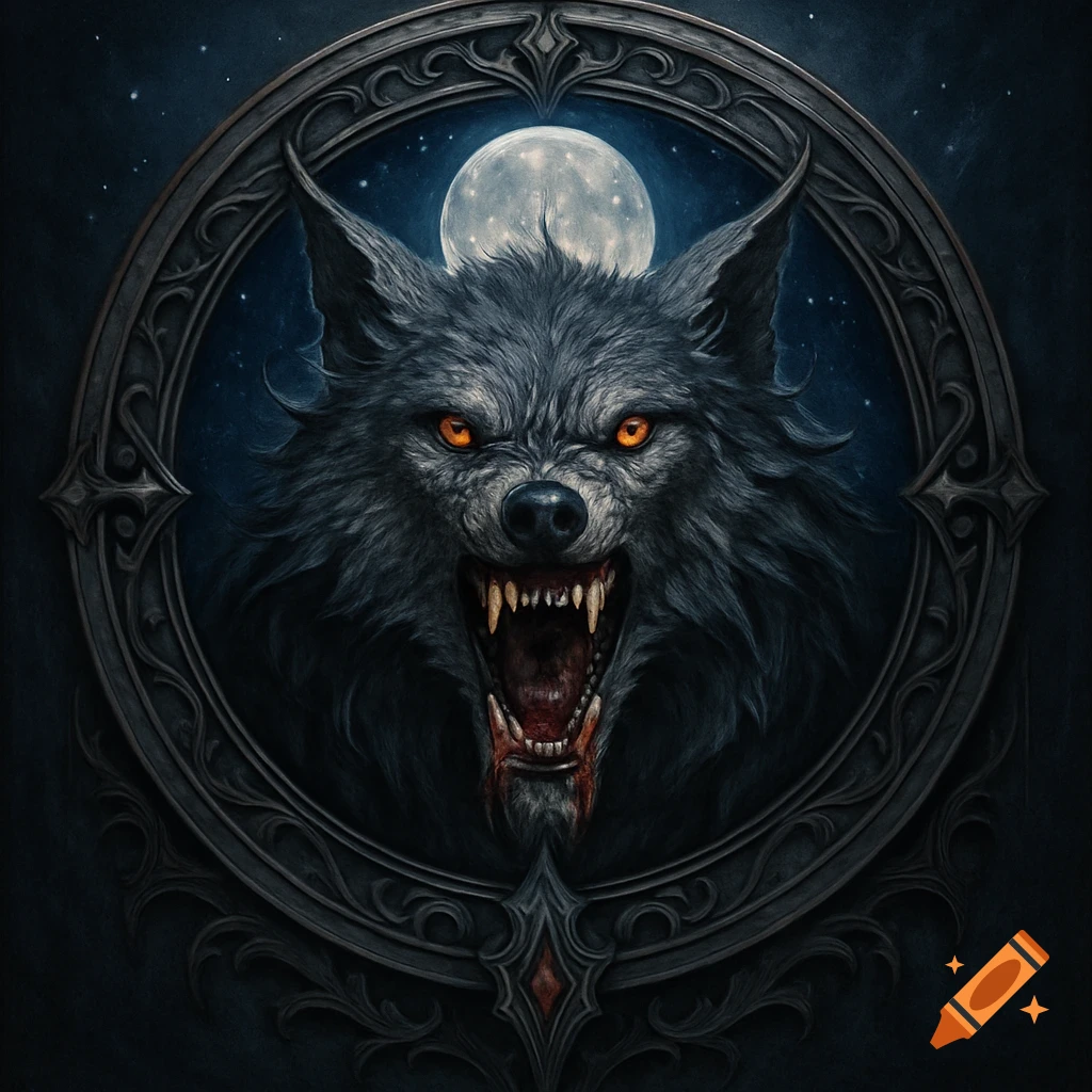 A snarling werewolf head with glowing orange eyes and bloody fangs, in an ornate circular frame against a starry night and full moon.