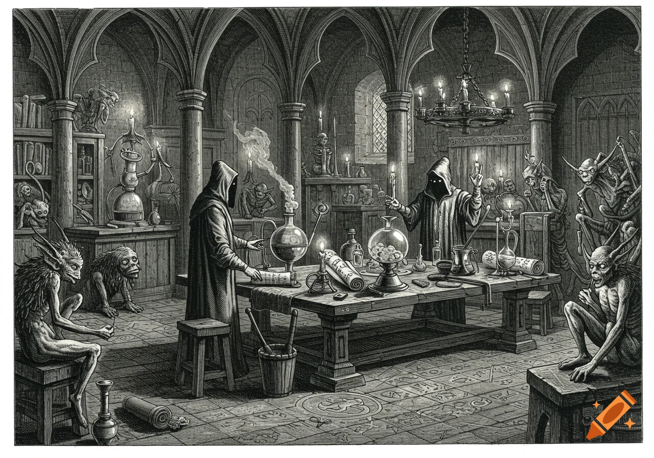 An intricate black and white engraving of two hooded figures in a medieval alchemical laboratory with strange creatures and mystical symbols.