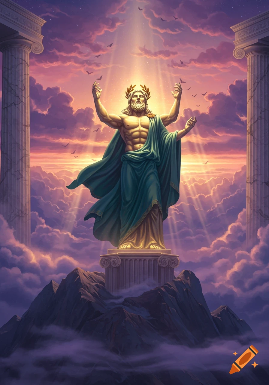 Muscular Greek god statue (Zeus) with a laurel wreath, arms raised in divine light on a mountain peak with epic clouds and sky.