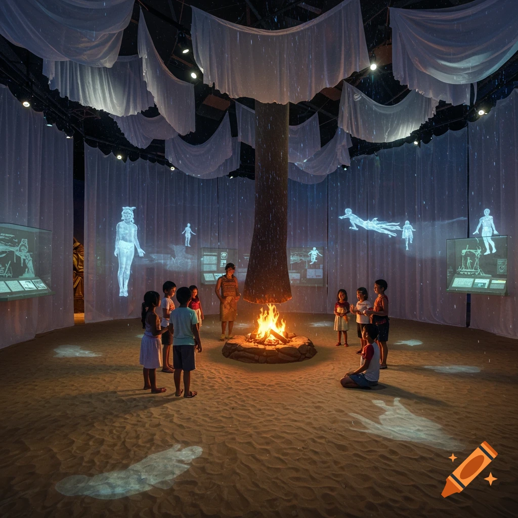 Children gather around a campfire in a cultural exhibit with projected human-like holograms on sheer curtains and sandy ground.