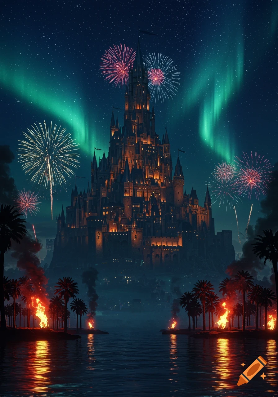 A grand medieval castle under a starry night, with aurora borealis and fireworks, reflected in water with burning palm trees.