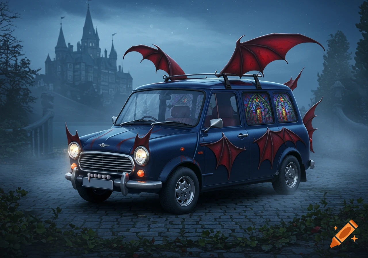 A blue Mini van customized with red bat wings and fangs, with stained glass windows, parked on a cobblestone path in front of a dark, spooky gothic castle at dusk.
