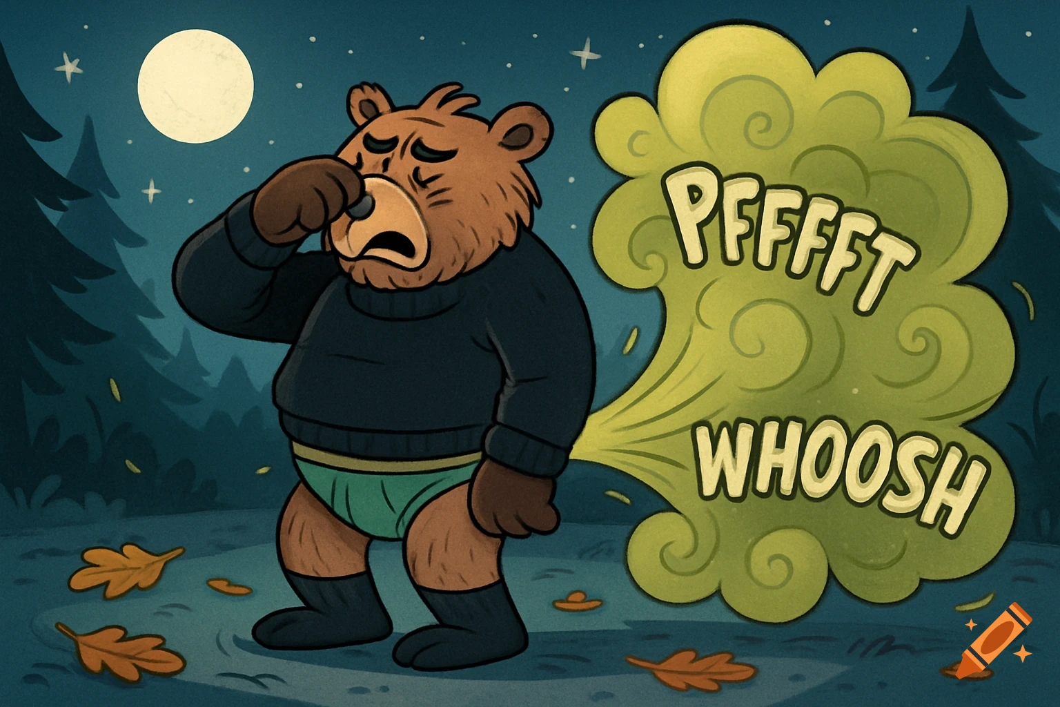 A cartoon grizzly bear in a sweater and briefs holds its nose while a large greenish-yellow fart cloud with 'PFFFFFT WHOOSH' emerges from its rear at night.