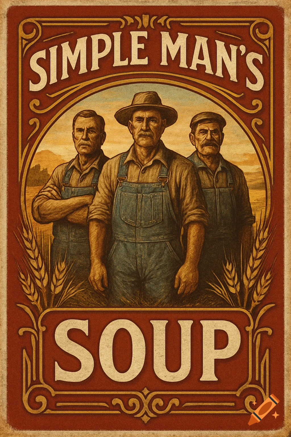 A vintage-style soup label titled 'Simple Man's Soup' featuring three men in overalls surrounded by wheat stalks.