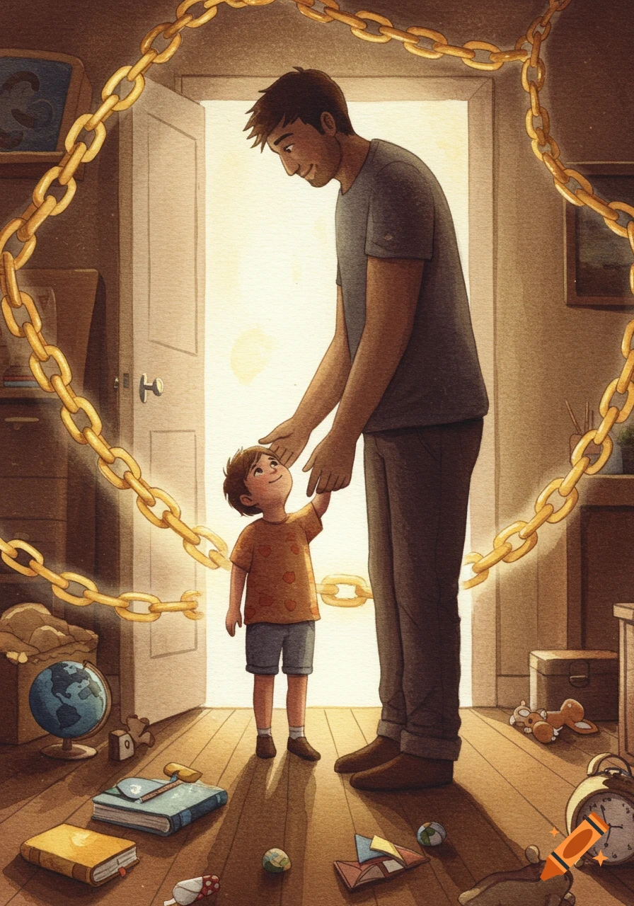 Watercolor of a father and son with golden chains, in a room with an open door, symbolizing protection and burgeoning autonomy.