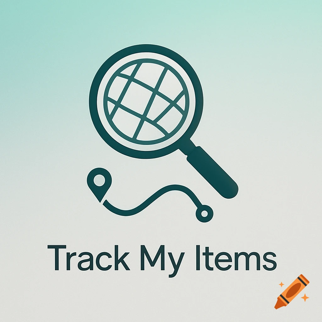 App logo for 'Track My Items' featuring a magnifying glass over a globe and a tracking path with pin icons.