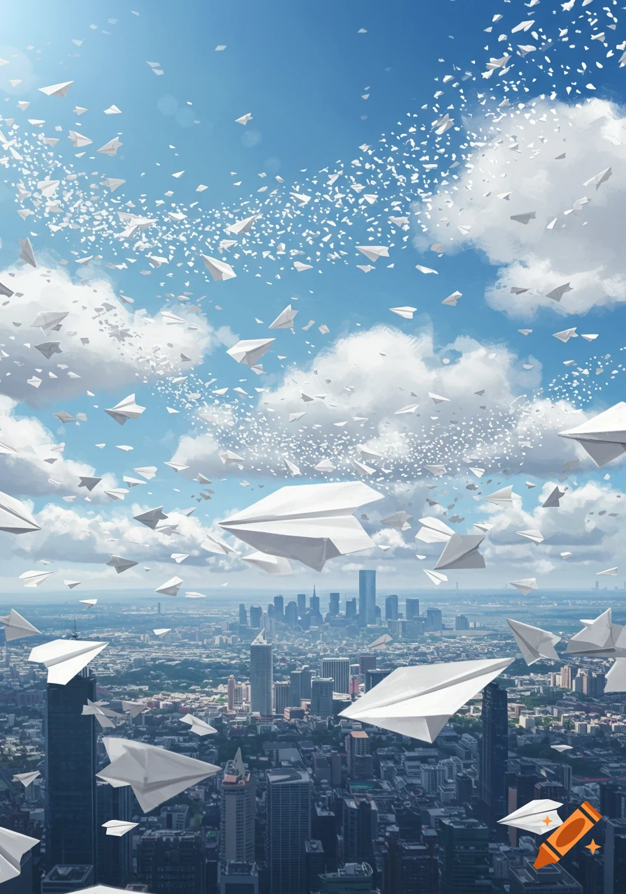 Hundreds of white paper planes float above a sprawling city skyline under a blue sky with clouds in a digital art style.