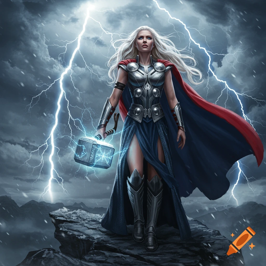 A powerful female warrior resembling Thor, with long white hair and armor, holds a glowing Mjolnir amidst a stormy sky with lightning.