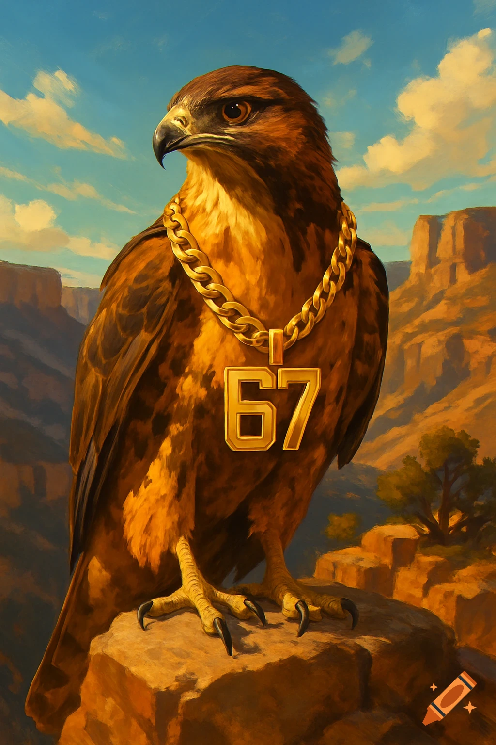 A majestic hawk, depicted in a painterly style, perches on a desert rock, wearing a large gold chain with a '67' pendant.