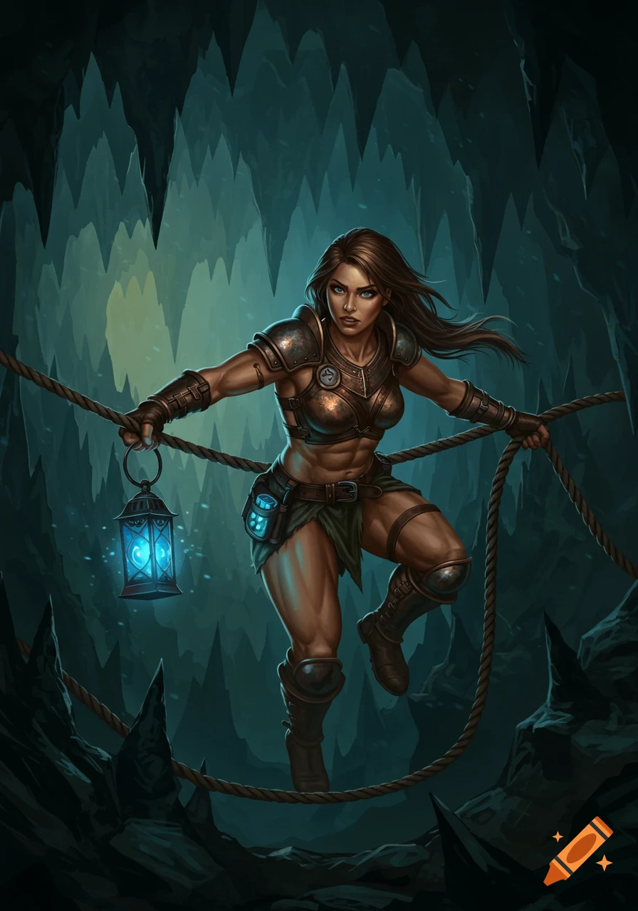 A muscular female warrior descends into a dark cave, holding a glowing blue lantern and grasping a rope, in a fantasy art style.