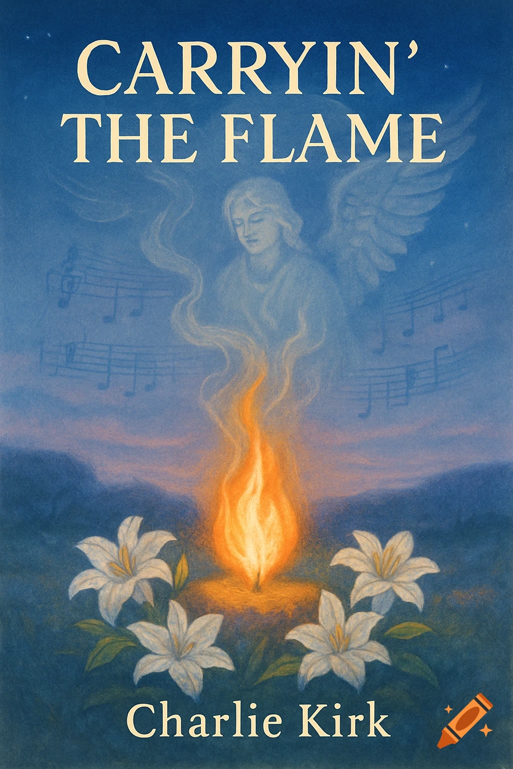 Illustrated spiritual album cover with an angelic figure, a bright flame, white lilies, and musical notes, featuring text 'CARRYIN' THE FLAME' and 'Charlie Kirk'.