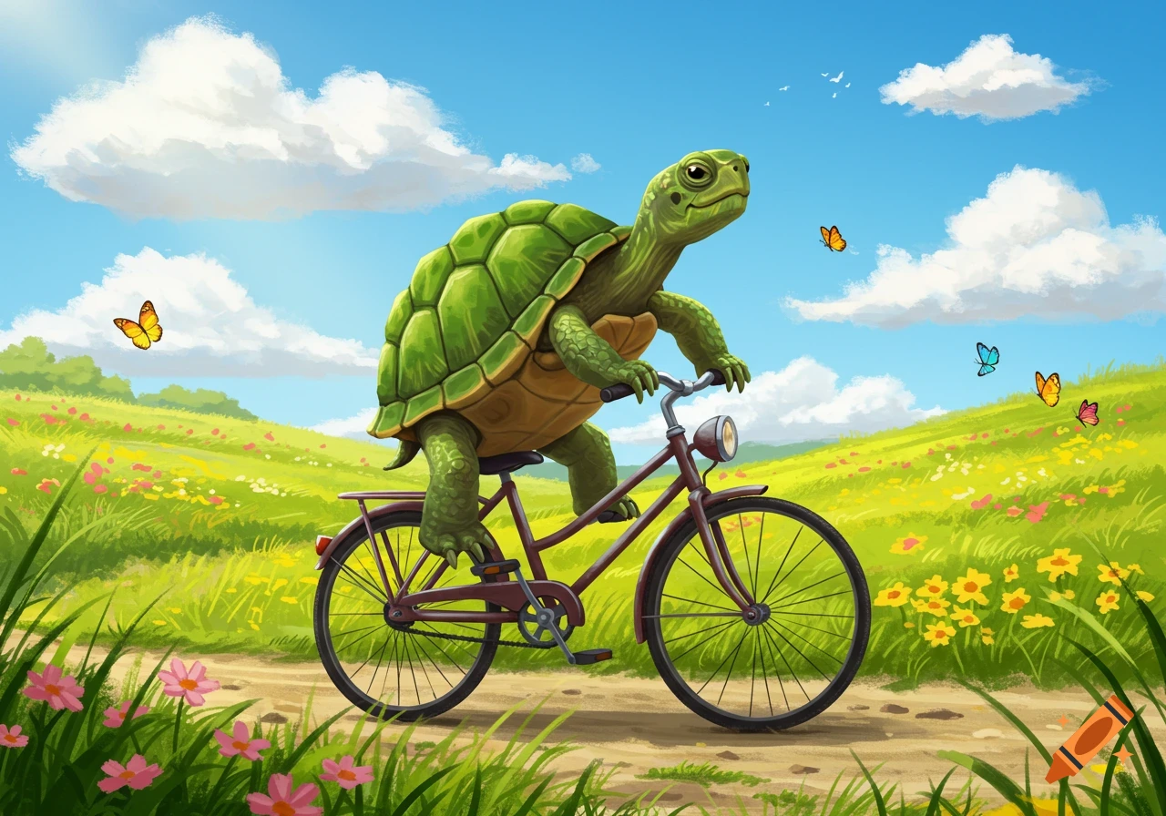 A cheerful cartoon of a green turtle riding a red bicycle on a dirt path through a sunny meadow filled with colorful flowers and butterflies.