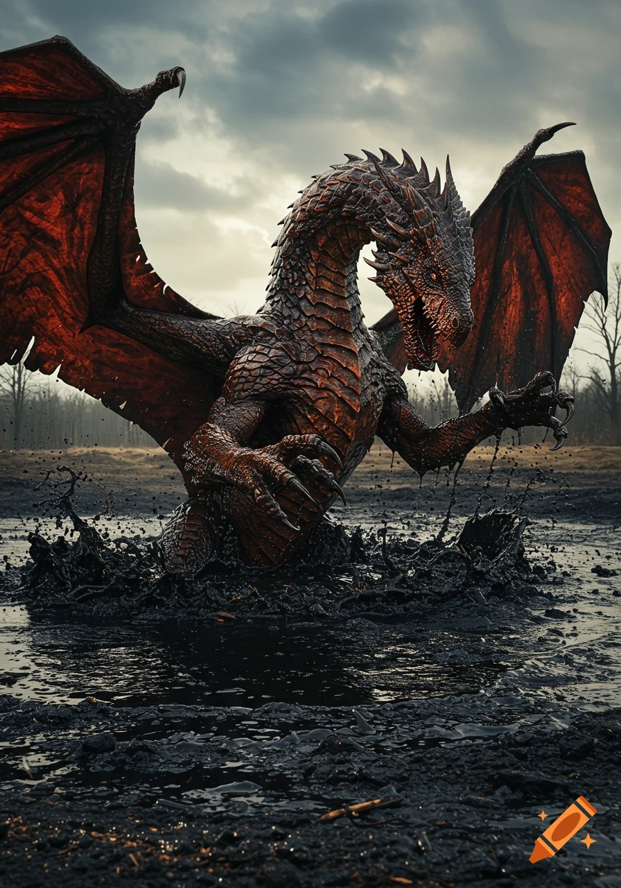 A large, photorealistic dragon with red wings is splashing out of a dark tar pit under a cloudy sky.