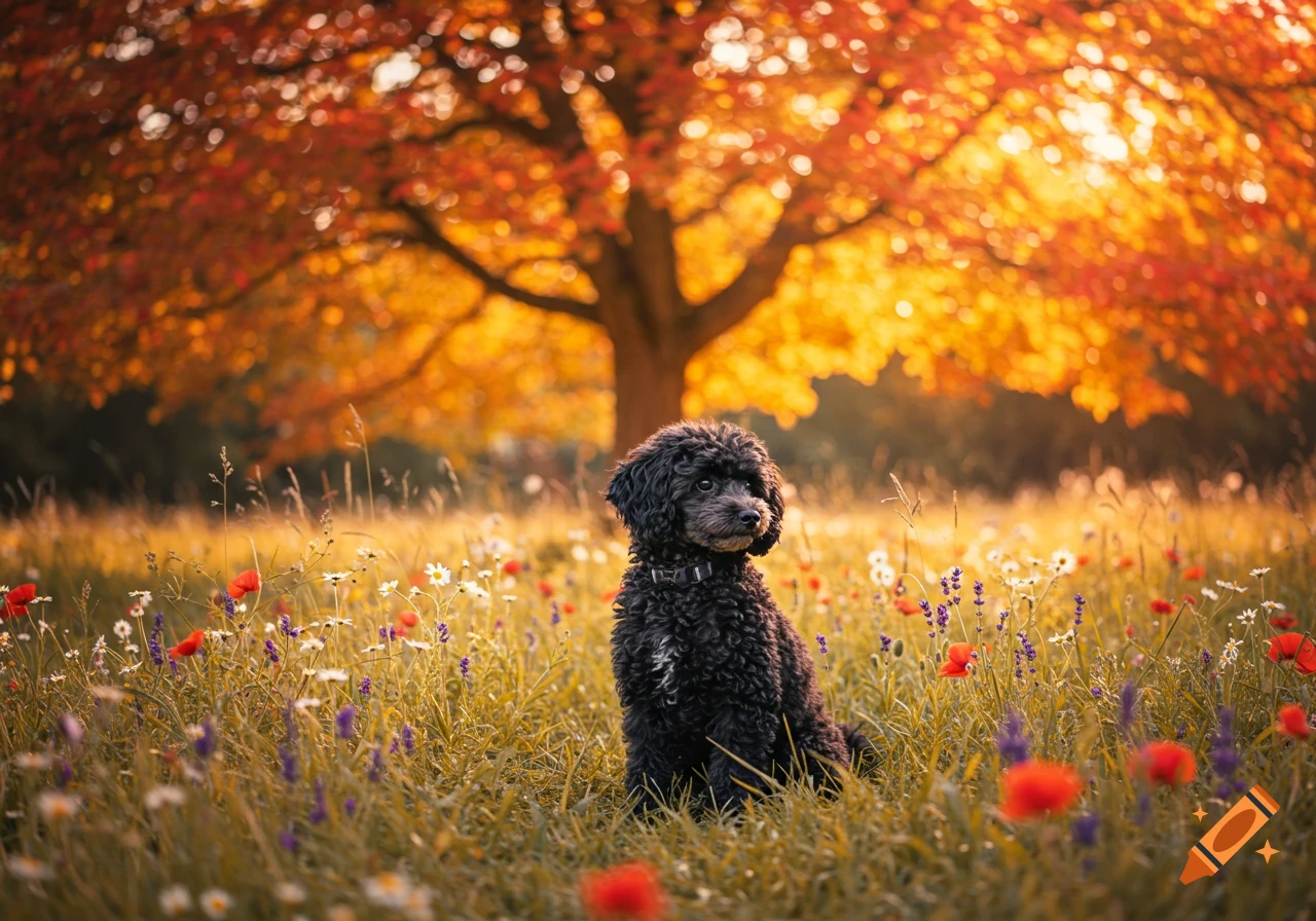A black toy poodle sits in a field of colorful wildflowers, with a large autumn tree glowing in the background.