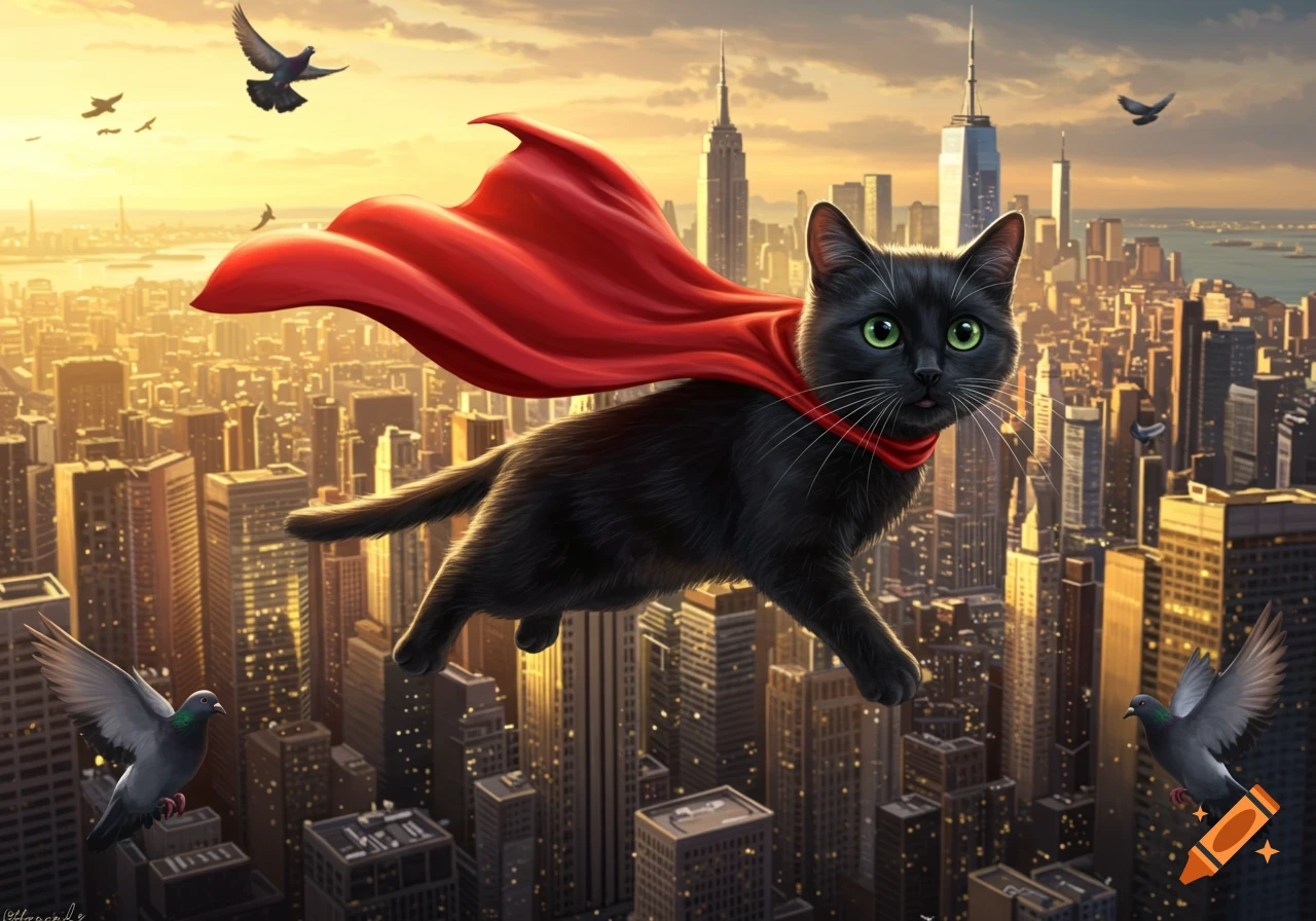 A black cat with green eyes and a red cape flies heroically above a sprawling city at sunset, surrounded by pigeons.