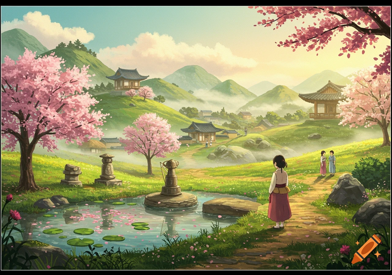 A serene Ghibli-style illustration of a Korean landscape with traditional buildings, cherry blossom trees, a pond, and people.
