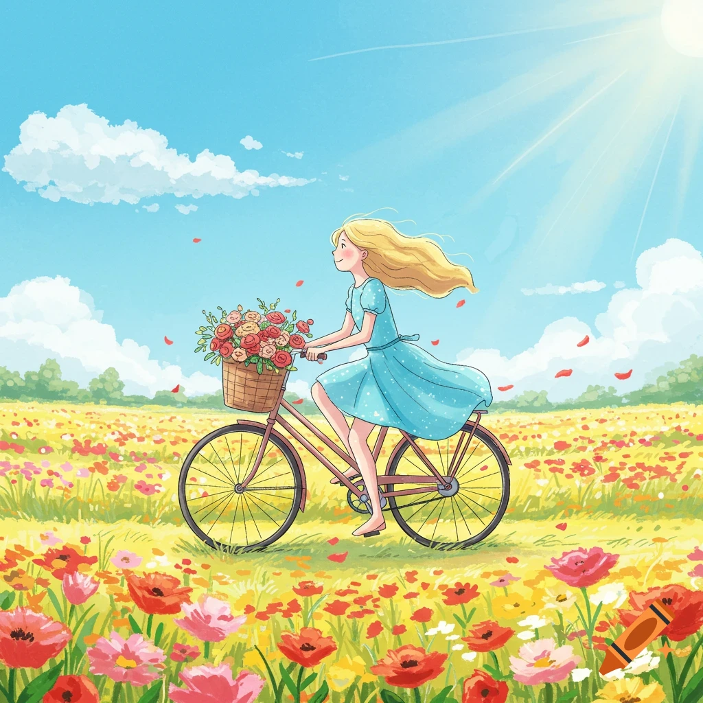 A cartoon girl with blonde hair rides a bicycle through a vibrant flower field under a sunny sky, a basket of colorful flowers on her handlebars.