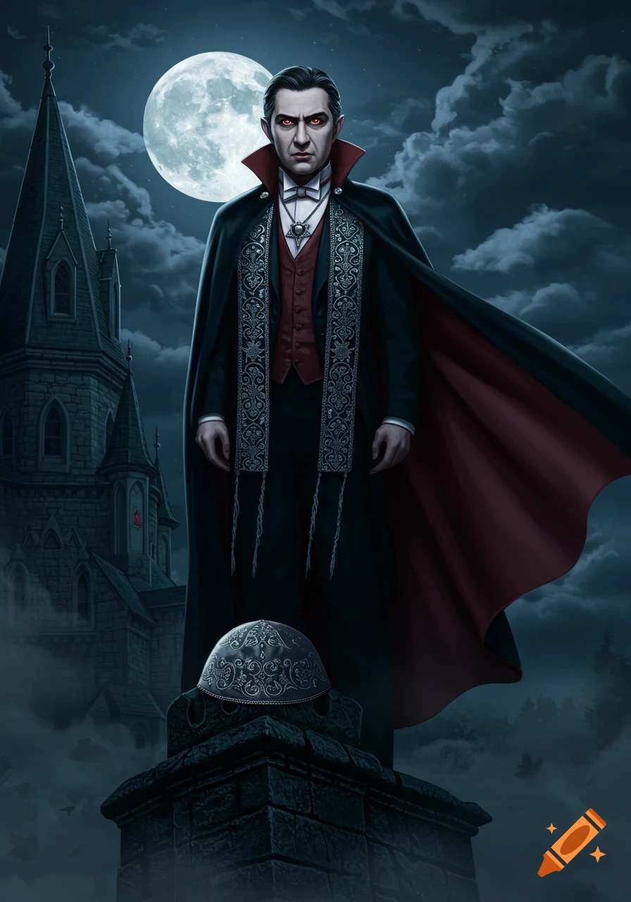 A stylized illustration of Dracula in a black cape with red lining and red eyes stands on a stone pedestal under a full moon and cloudy sky, with a gothic castle in the background.