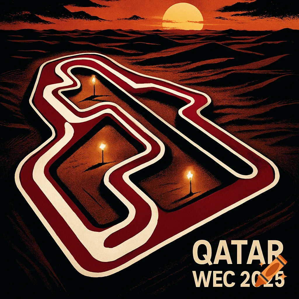 A stylized red and white race track snakes through a dark desert landscape under an orange sunset, with text 'QATAR WEC 2025'.