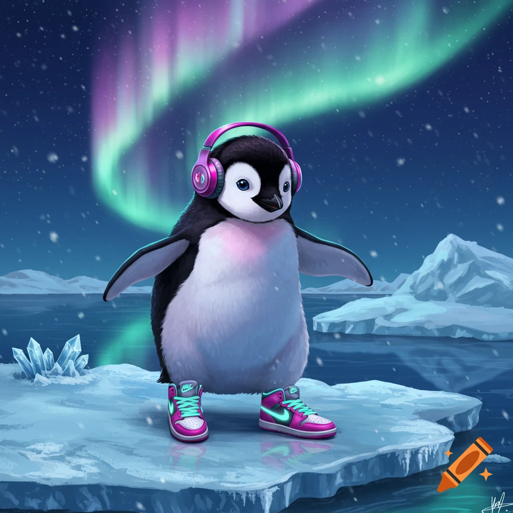 A cute cartoon penguin wearing pink headphones and matching sneakers stands on an ice floe under a colorful aurora borealis.