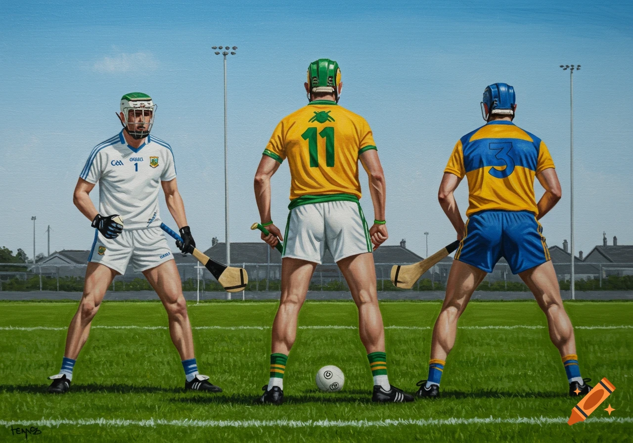 A painting of three male Gaelic games players in different team jerseys and helmets, holding hurleys on a grassy pitch under a blue sky.