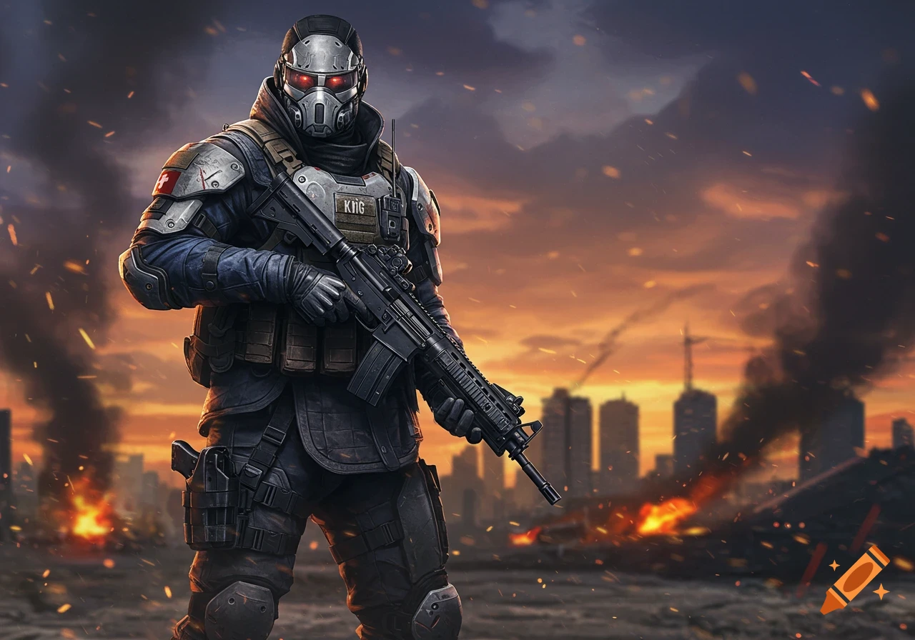 A futuristic soldier in a gas mask and armored suit holds a rifle amidst a burning, war-torn city at sunset. The style is detailed and dramatic.