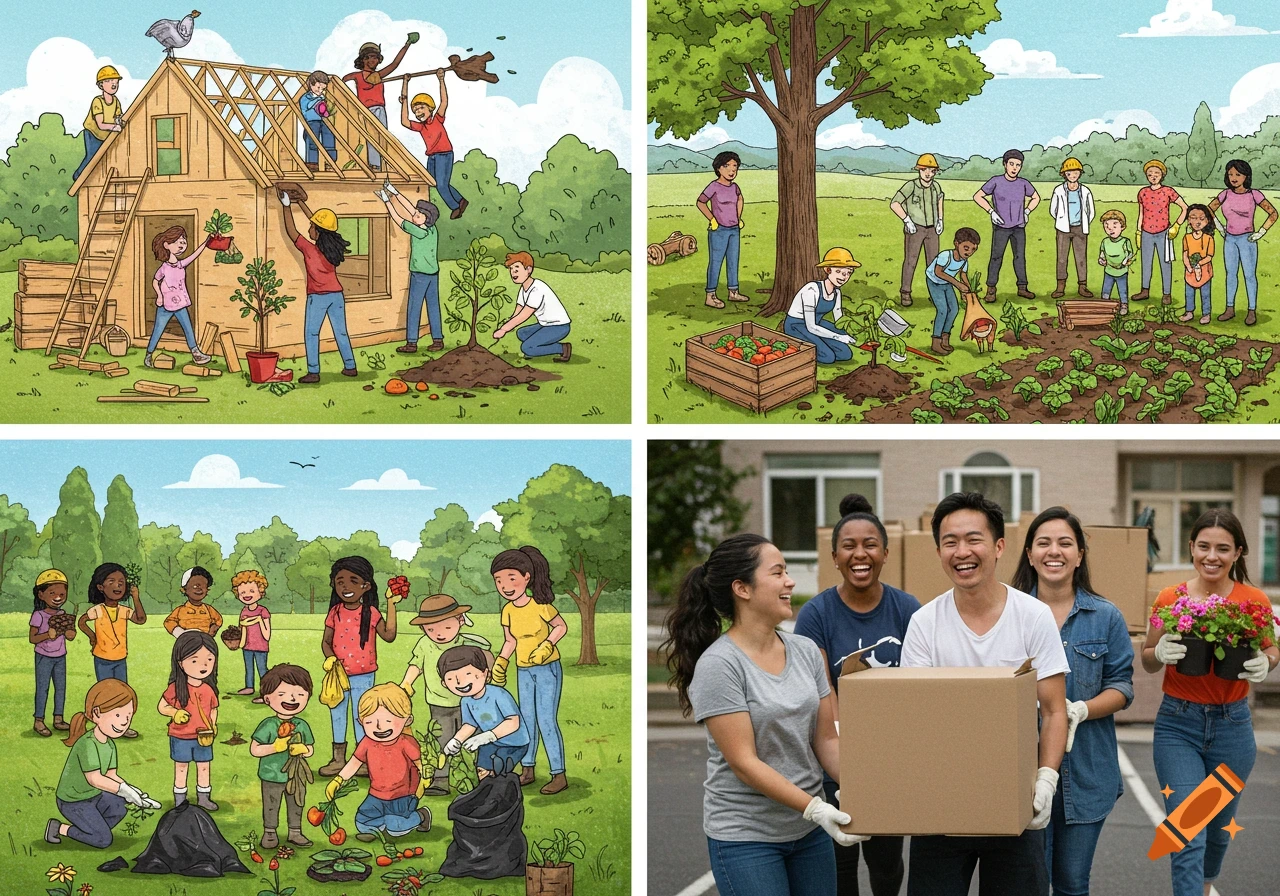 A four-panel collage depicting people engaged in community activities: building a house, gardening, cleaning a park, and moving boxes.