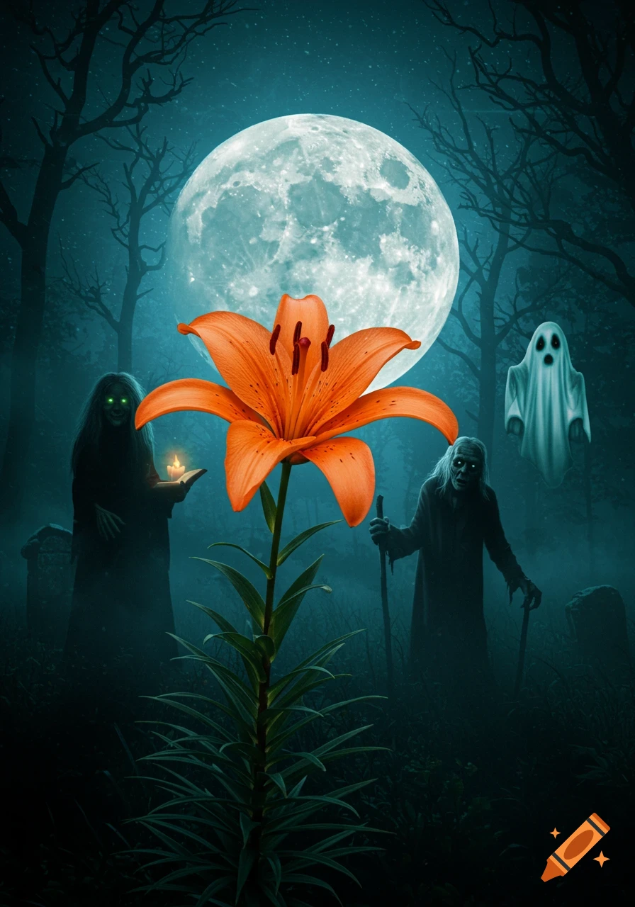 A vibrant orange lily stands tall in a dark, misty graveyard under a full moon, flanked by two eerie witches and a ghost.