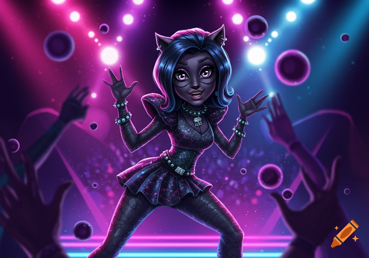 Catty Noir from Monster High, a dark-skinned cat-girl with purple hair, performs on a stage under vibrant pink and blue lights.