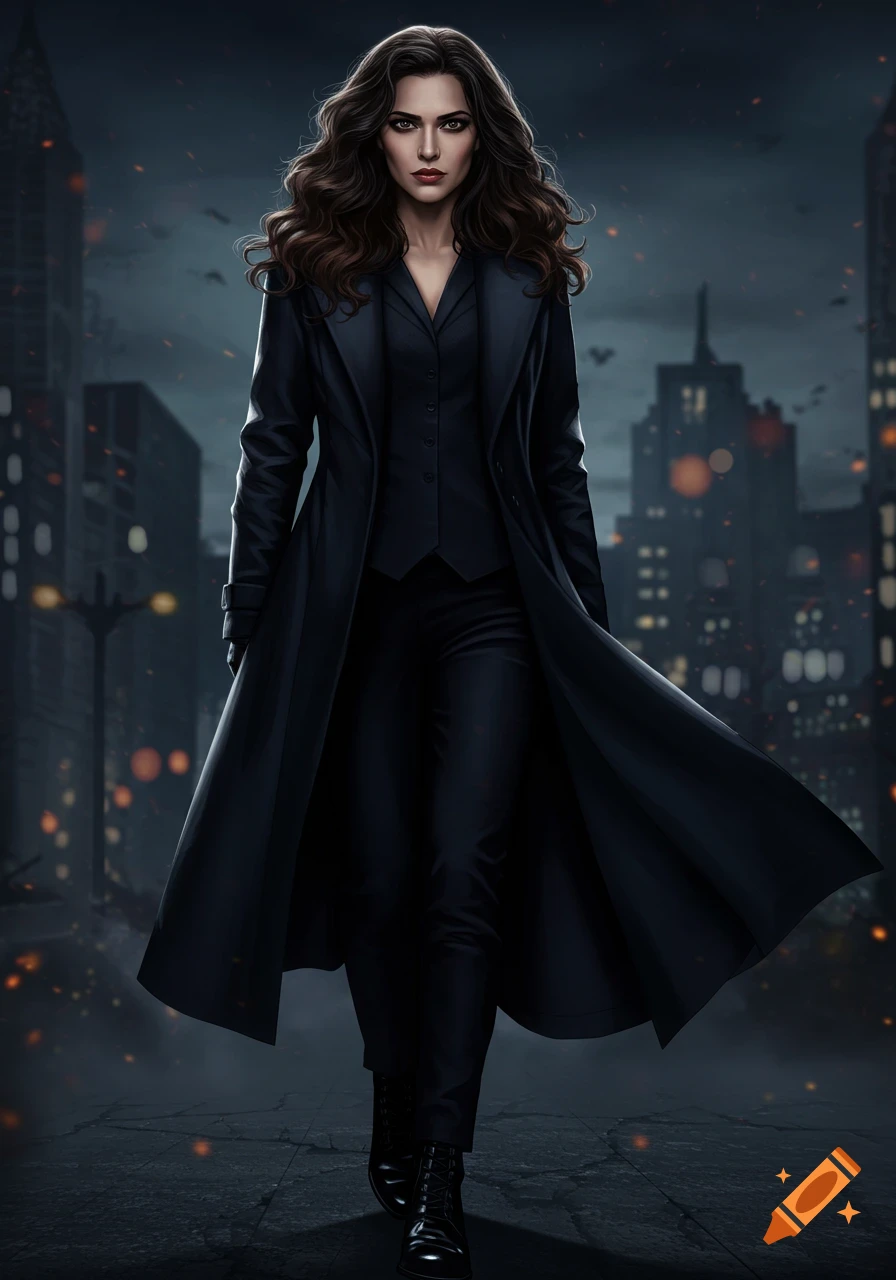 A mysterious woman with long dark hair, clad in a black trench coat and suit, walks through a dark, stylized city at night.