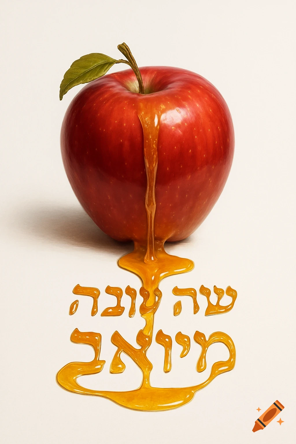 A red apple with honey dripping onto a white surface, forming the Hebrew words 'Happy New Year from Yoav' in a photorealistic style.