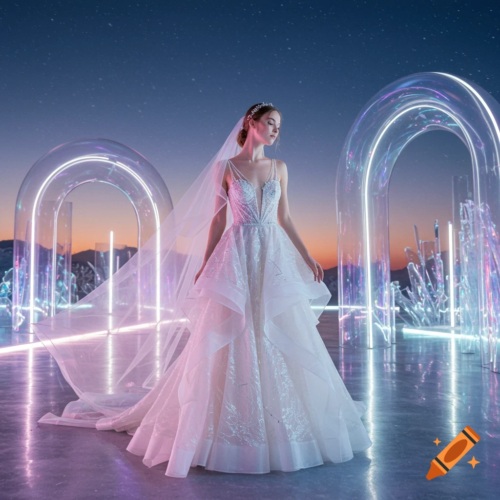 A bride in a white wedding dress in a glowing futuristic landscape with neon arches and crystals under a starry sky.